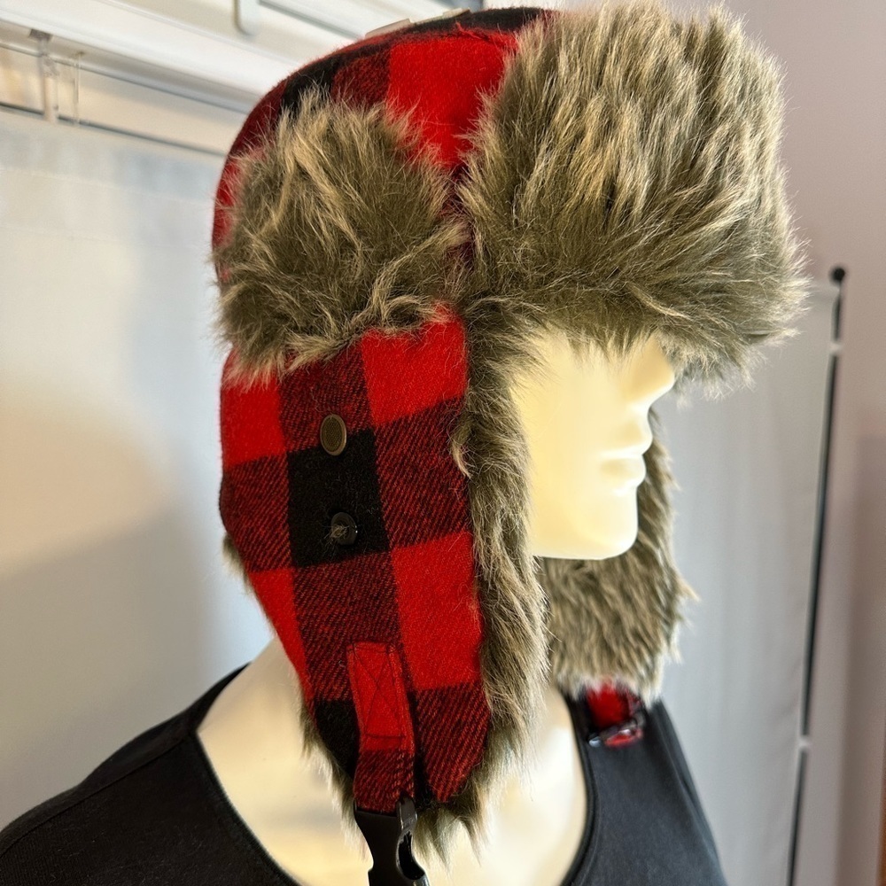 Faded Glory Womens 6% Wool Trooper Aviator Trapper Ear Flaps Hat Plaid Faux Fur
